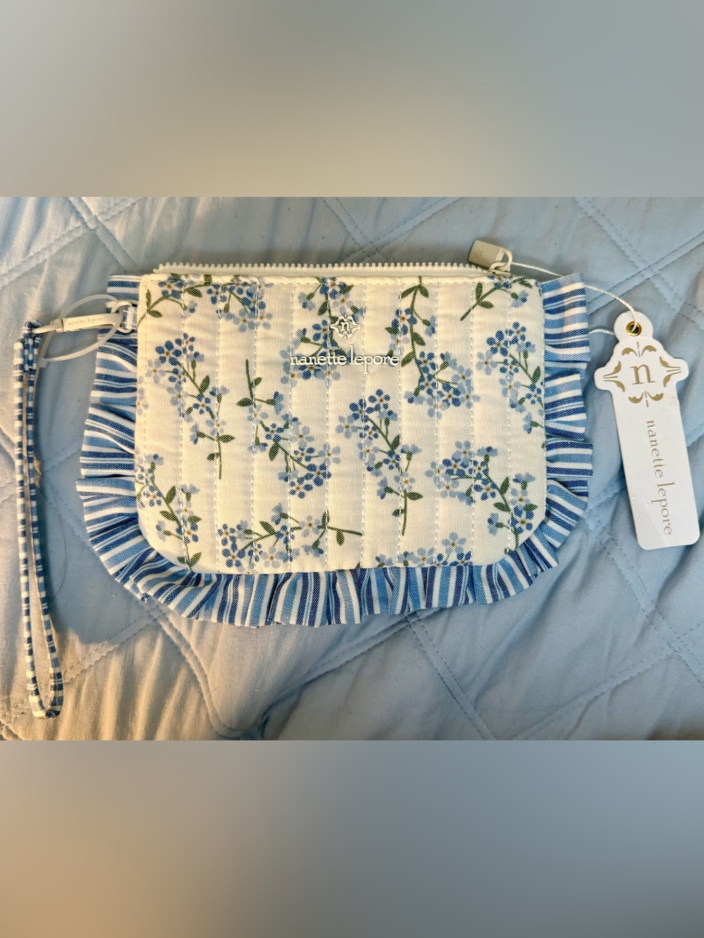 Nanette Lepore Blue & White Floral Quilted Wristlet with Ruffle Trim